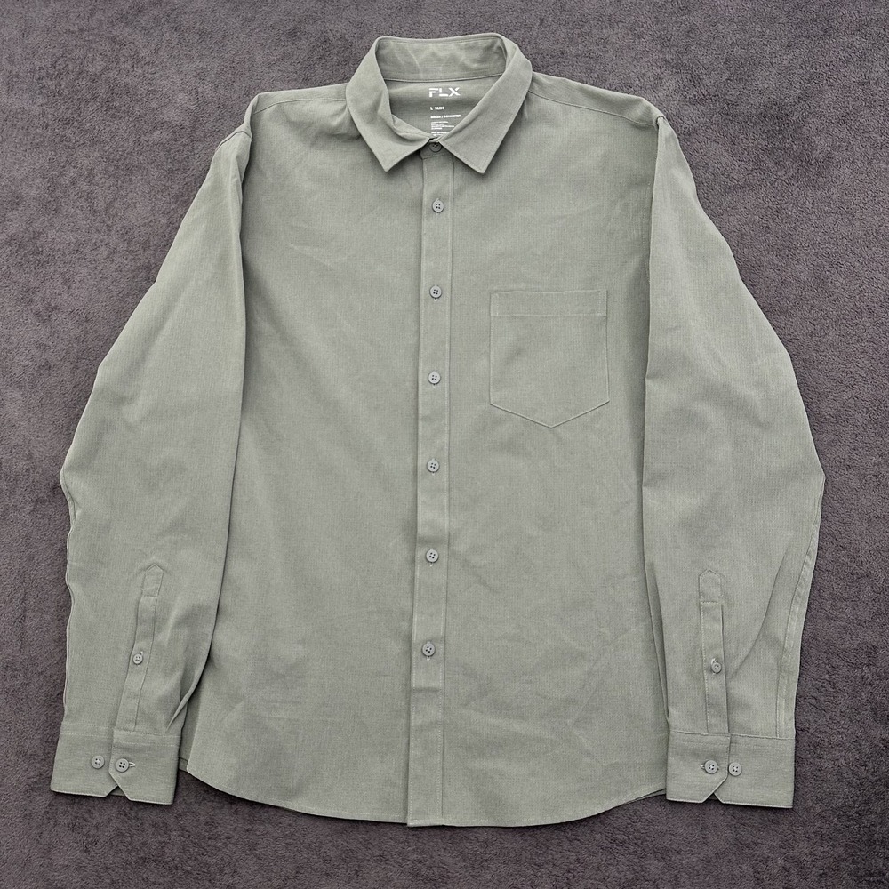 Flax FLX Shirt Men large slim fit  Green Urban Commuter Performance Stretch